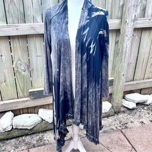 AMERICAN AGE Lady’s Cardigan Black Tie-Dye Asymmetric Fringe Hem; Size Large